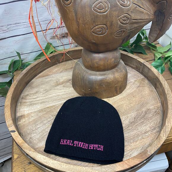 RTB Real Tough Babe Black Biker Beanie Knit Stocking Cap Hat Pink Embroidered - Picture 7 of 7